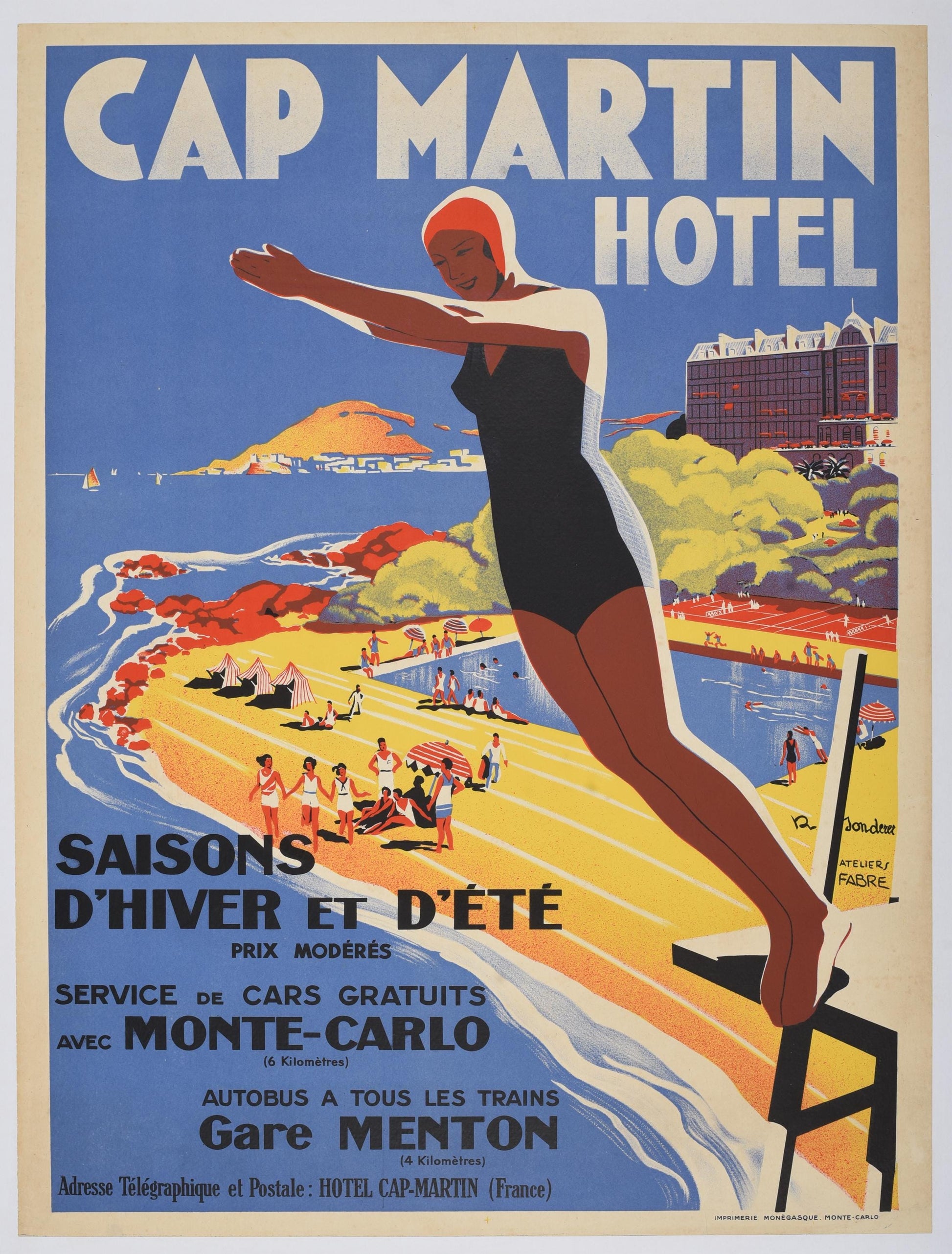 Cap Martin Hotel Original Poster, French Riviera Travel Art, Linen Backed circa 1917