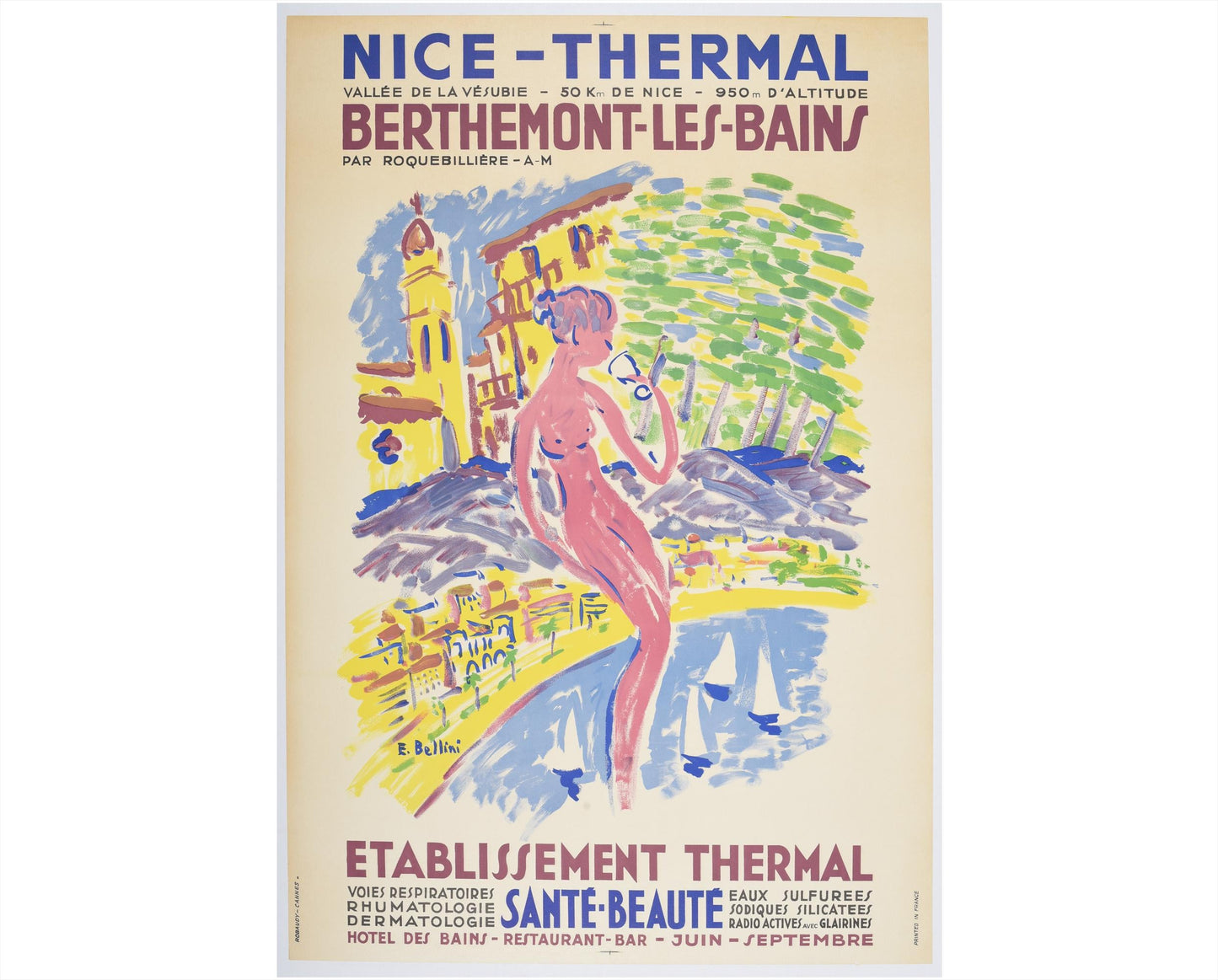 Original Nice Thermal Berthemont-les-Bains Poster by Emmanuel Bellini, French Riviera Spa Travel Poster