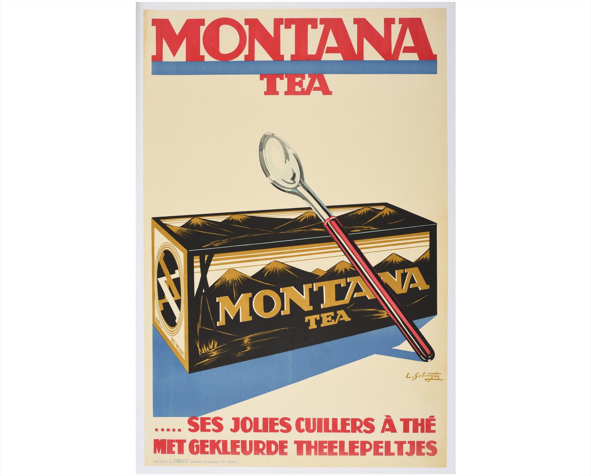 Montana Tea Original Belgian Poster, Lode Sebregts Art Deco Tea Advertisement, Circa 1930