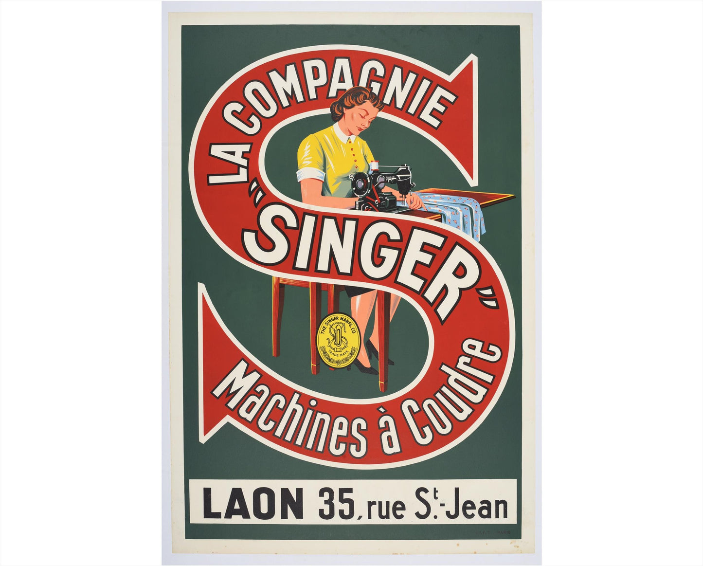 Original 1930 Singer Sewing Machine Poster, La Compagnie Singer Machines à Coudre, French Advertising Art