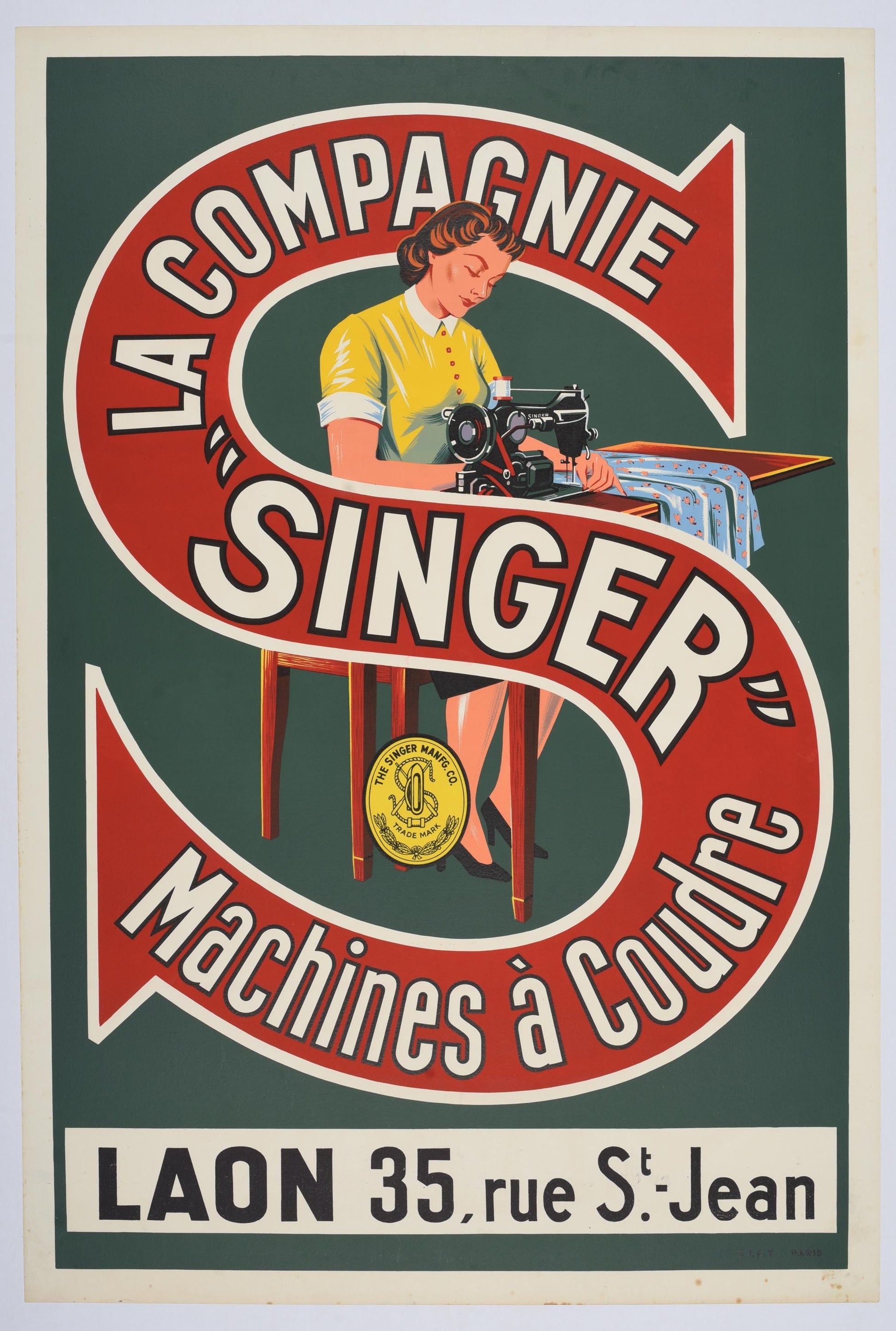 Original 1930 Singer Sewing Machine Poster, La Compagnie Singer Machines à Coudre, French Advertising Art