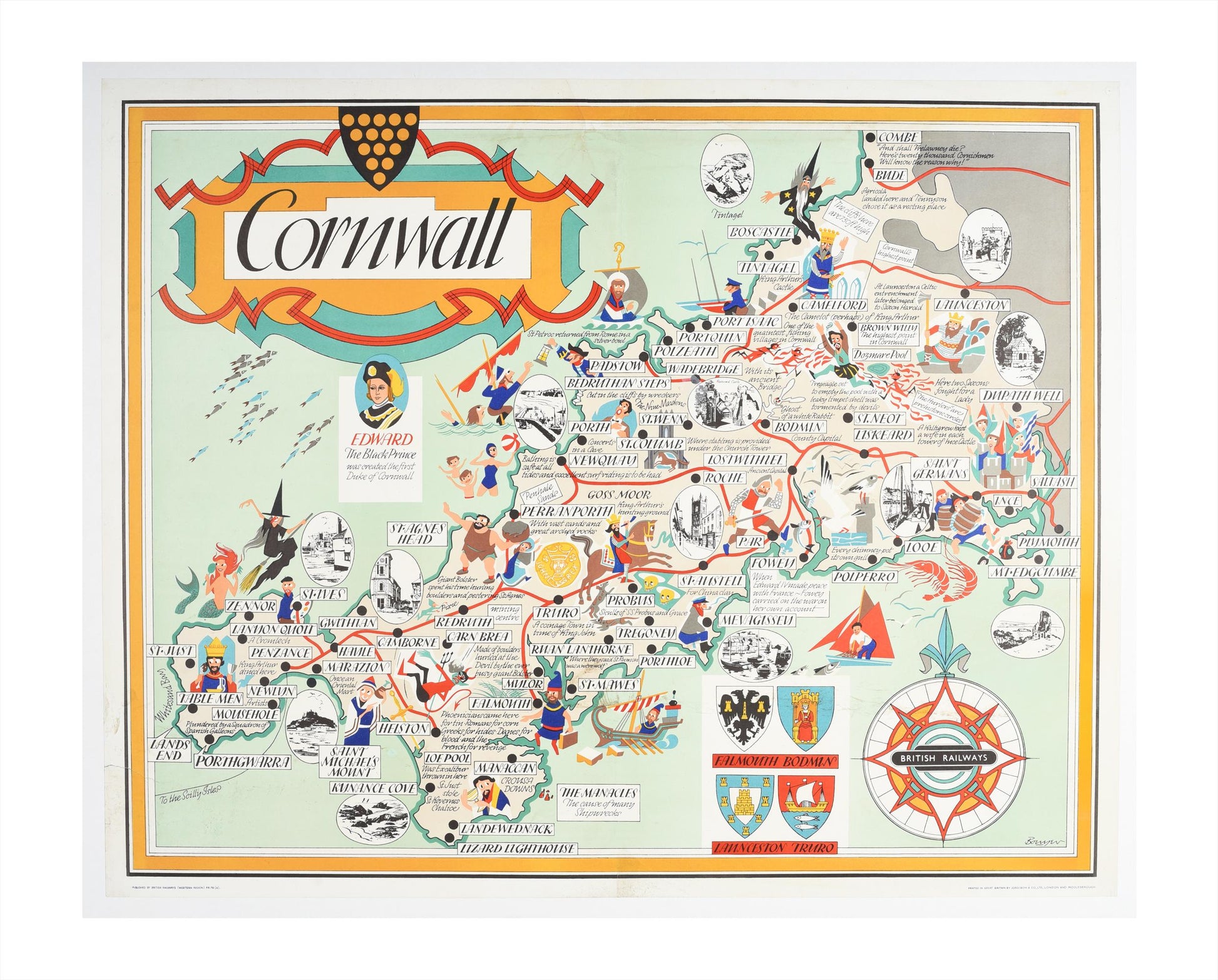Original Cornwall British Railways Poster by William Bowyer, Pictorial Map Travel Poster, c.1950