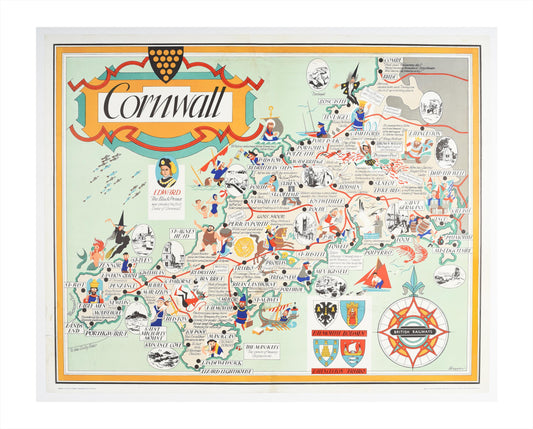 Original Cornwall British Railways Poster by William Bowyer, Pictorial Map Travel Poster, c.1950