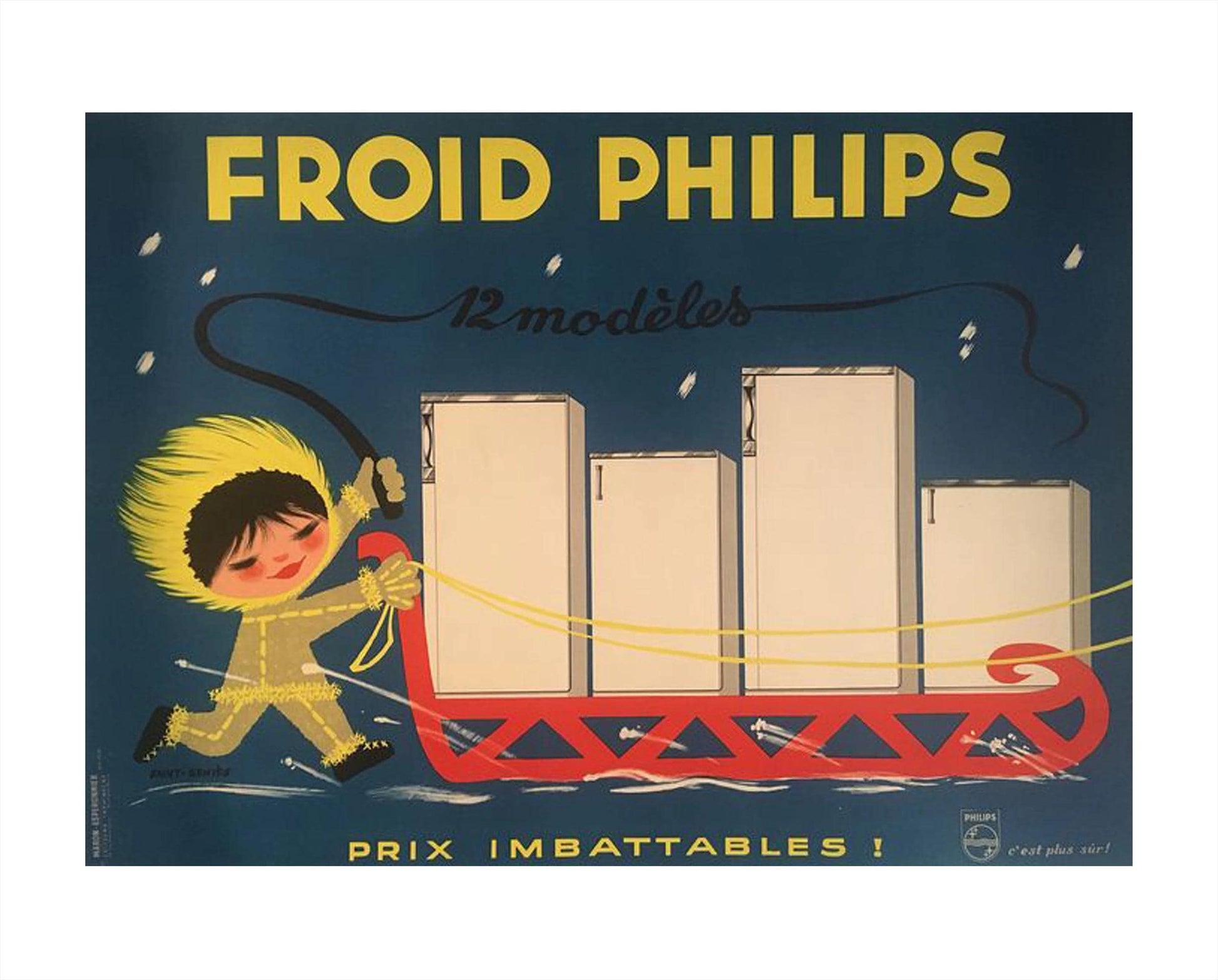 1950s Philips Refrigerator French Advertising Poster: Mid-Century Modern Decor (157x114 cm)