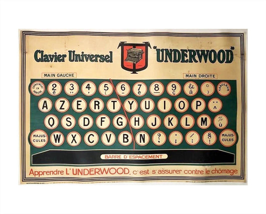 Vintage 1940s Underwood Typewriter Poster - French Advertising Chart (Clavier Universel), 103x68 cm