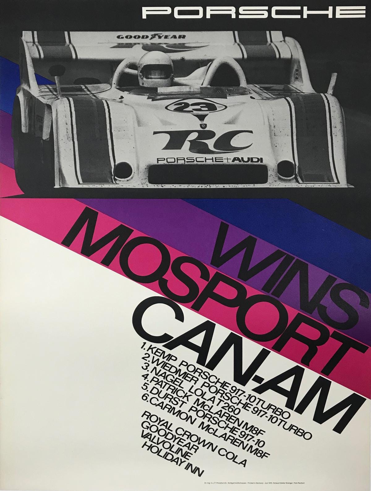 Original Porsche Wins Mosport CAN-AM Poster, 1973 Erich Strenger 917/10 Factory Issue