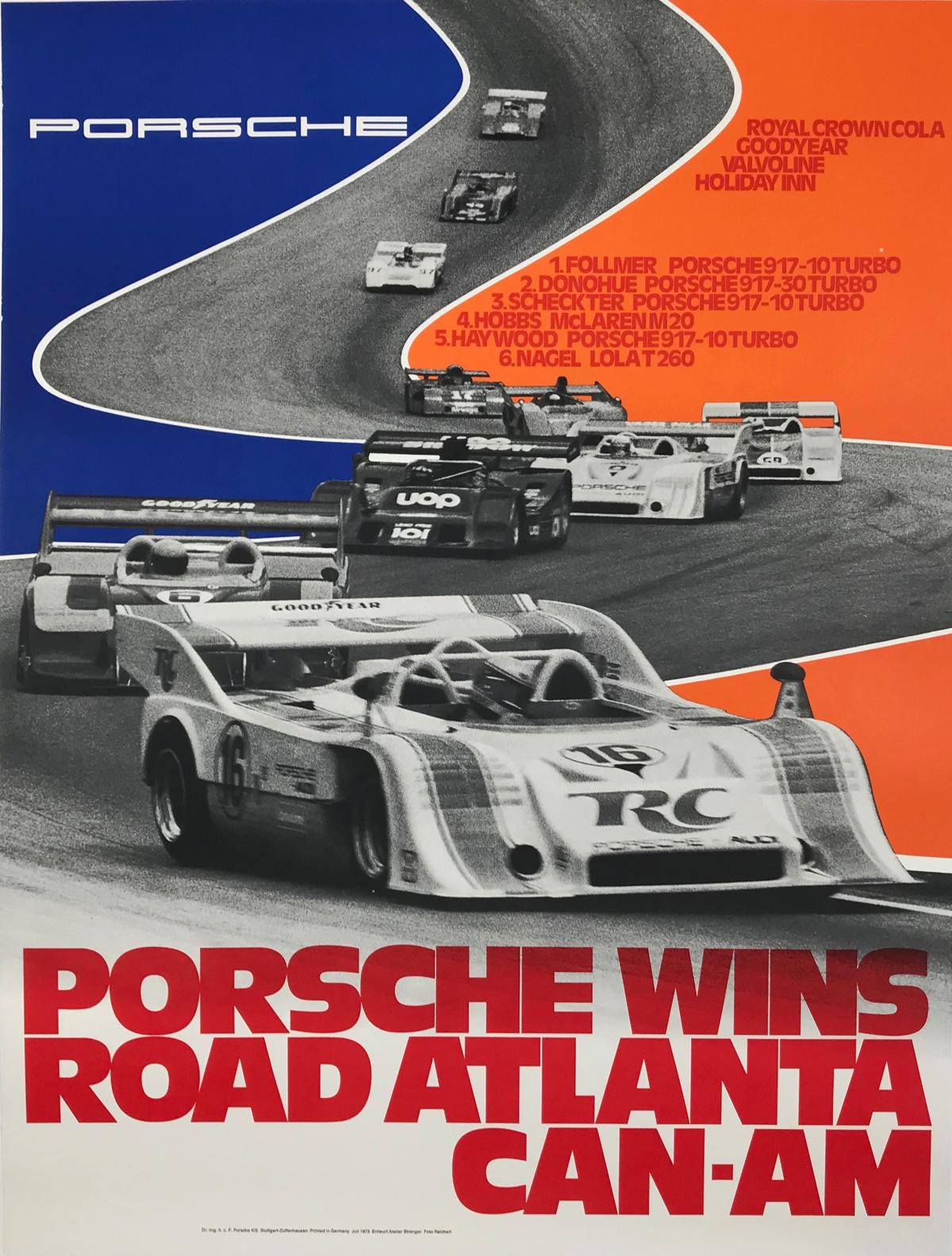Original Porsche 917/10 Road Atlanta Can-Am Poster, 1973 Erich Strenger Factory Poster