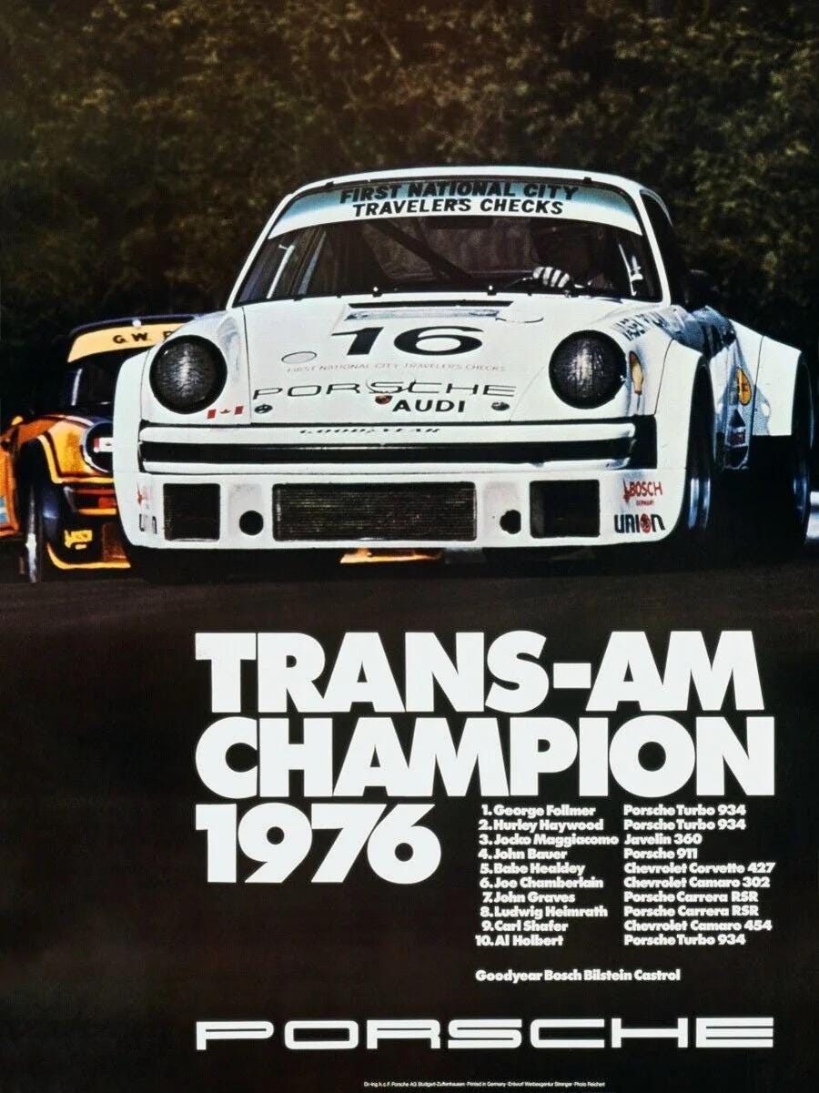 Original Porsche Trans-Am Champion 1976 Factory Poster, Erich Strenger, Porsche 934 Turbo, Motorsport Art