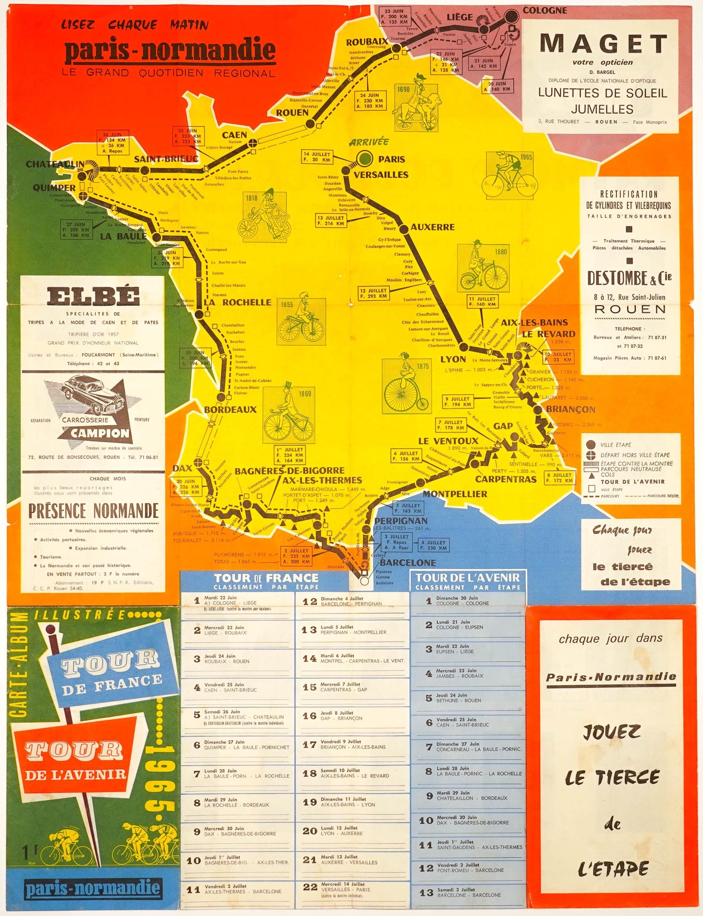 Original 1965 Tour de France & Tour de l'Avenir Guide, Paris-Normandie Cycling Map
