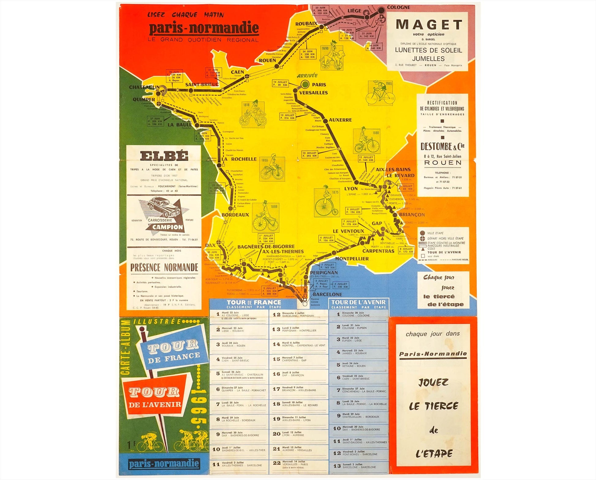 Original 1965 Tour de France & Tour de l'Avenir Guide, Paris-Normandie Cycling Map