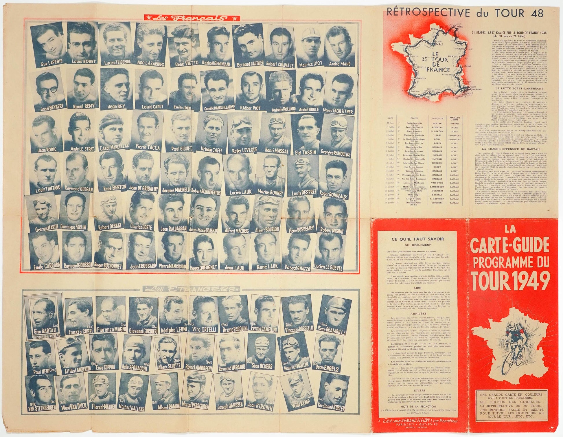 Original 1949 Tour de France Route Guide, La Carte Guide du Tour 1949, Fausto Coppi Cycling Ephemera